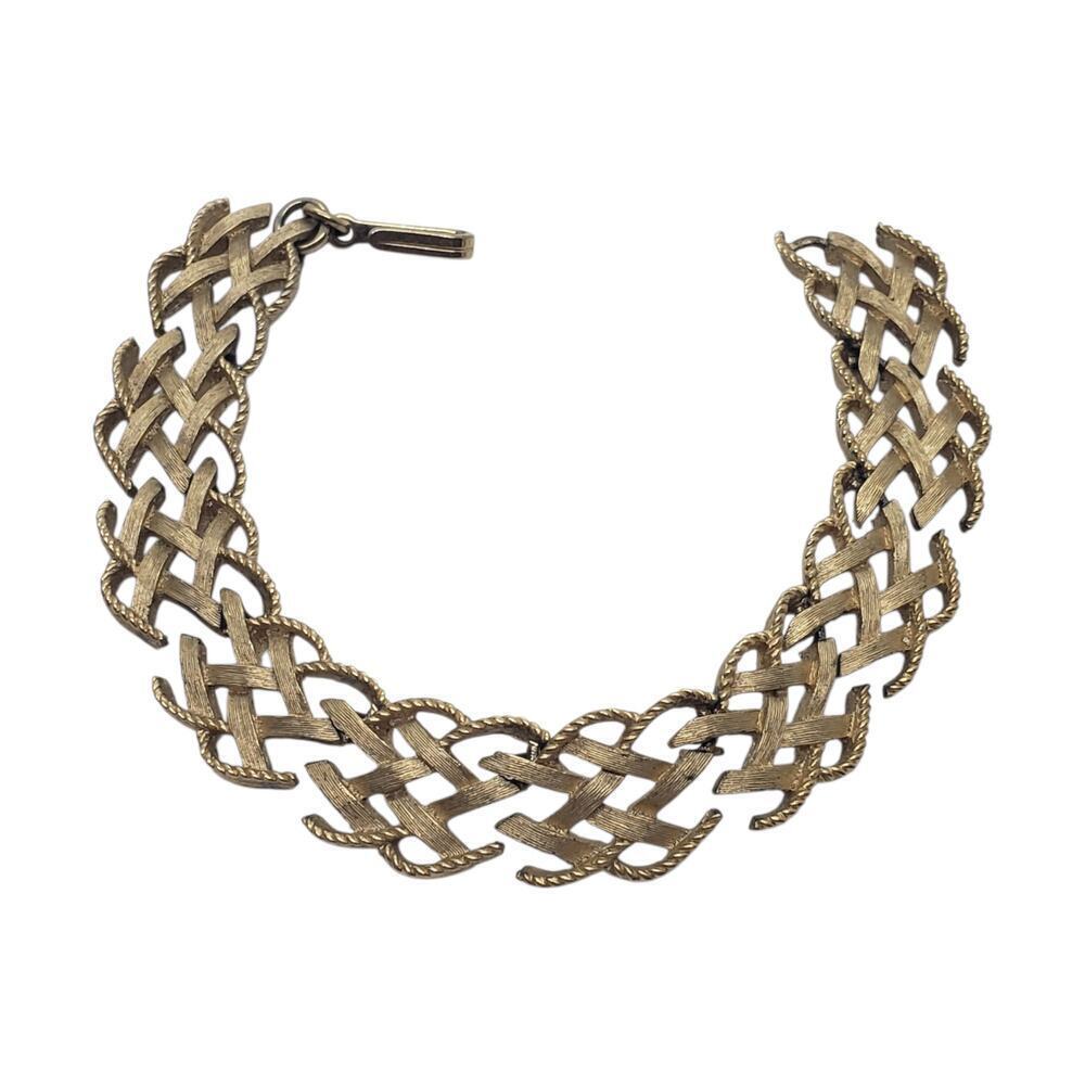 Vintage Trifari Bracelet Braided Link Textured Wide Chunky Signed Gold tone